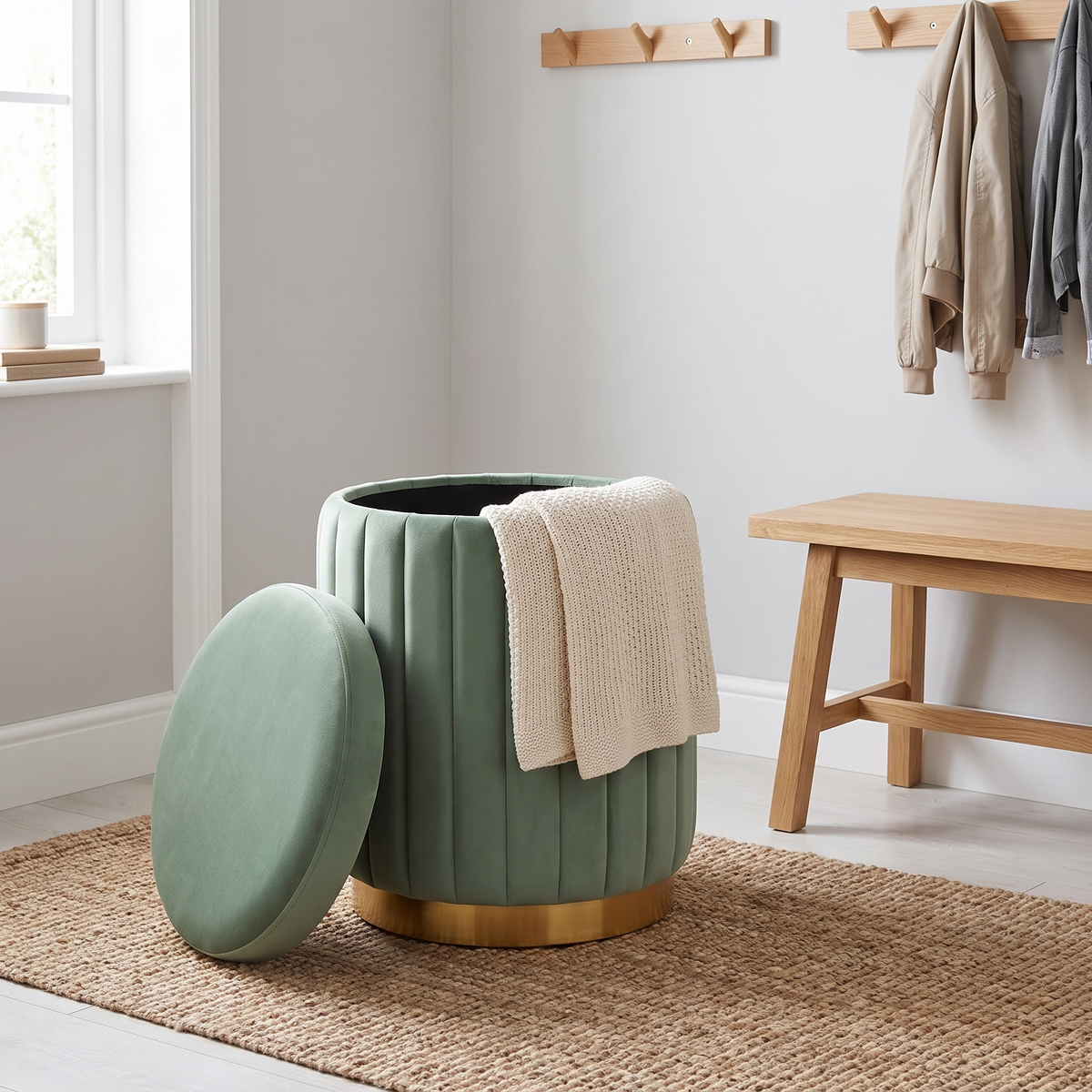 Coesfeld pouffe with the lid off showing storage