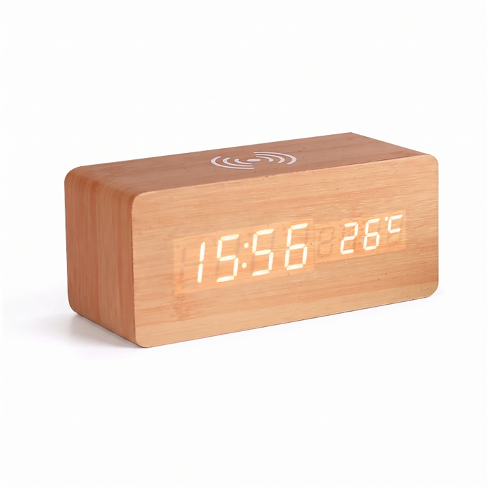 Verden wireless charging clock in light wood