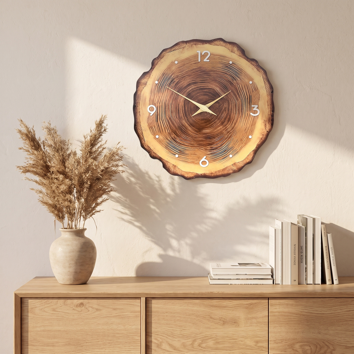 Borken tree ring wall clock above a sideboard
