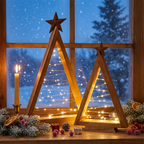 Ratzeburg wooden Christmas trees on a windowsill at dusk