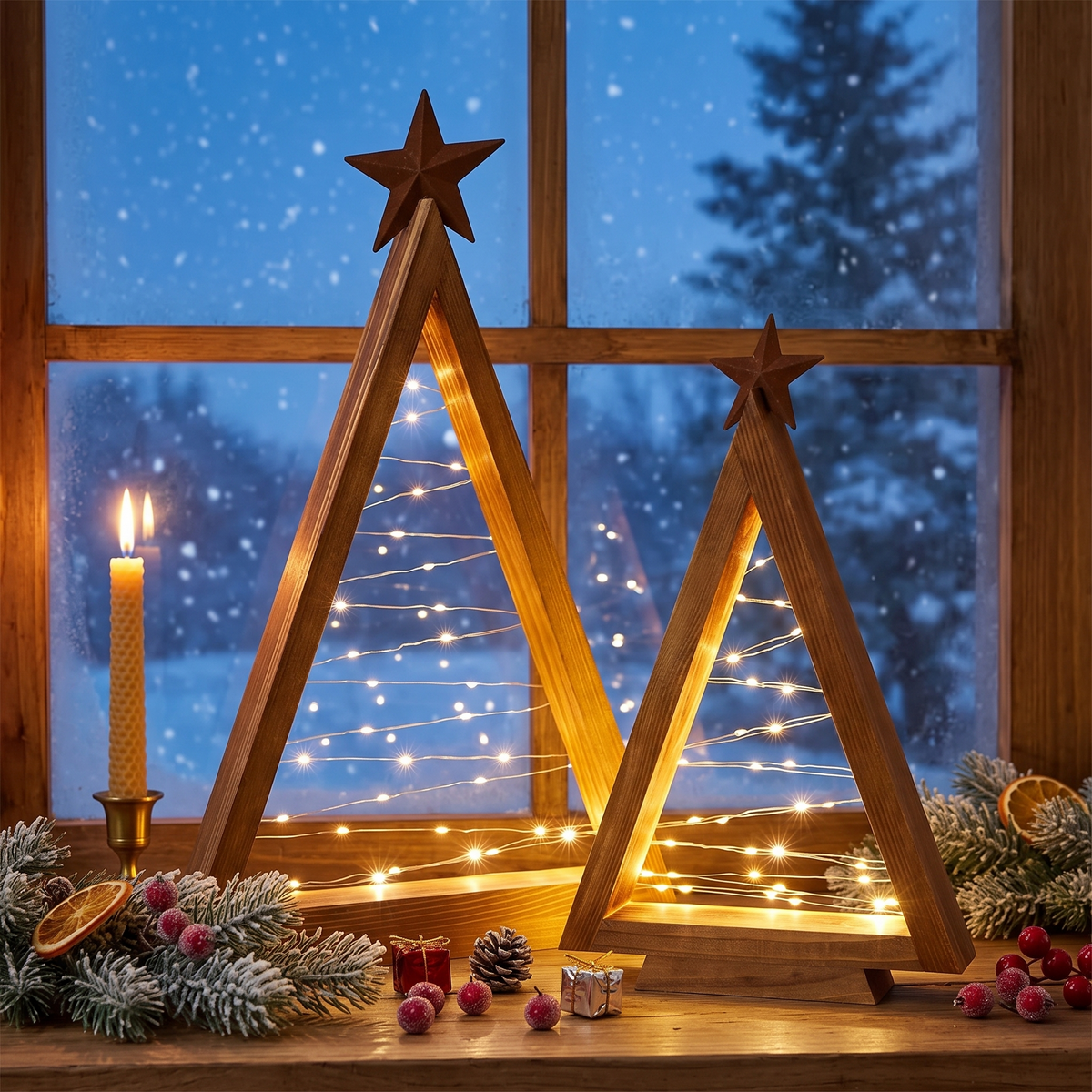 Ratzeburg wooden Christmas trees on a windowsill at dusk