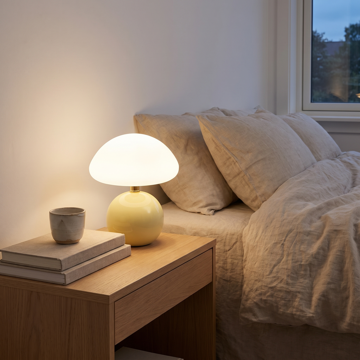 Faaborg lamp glowing on a bedside table