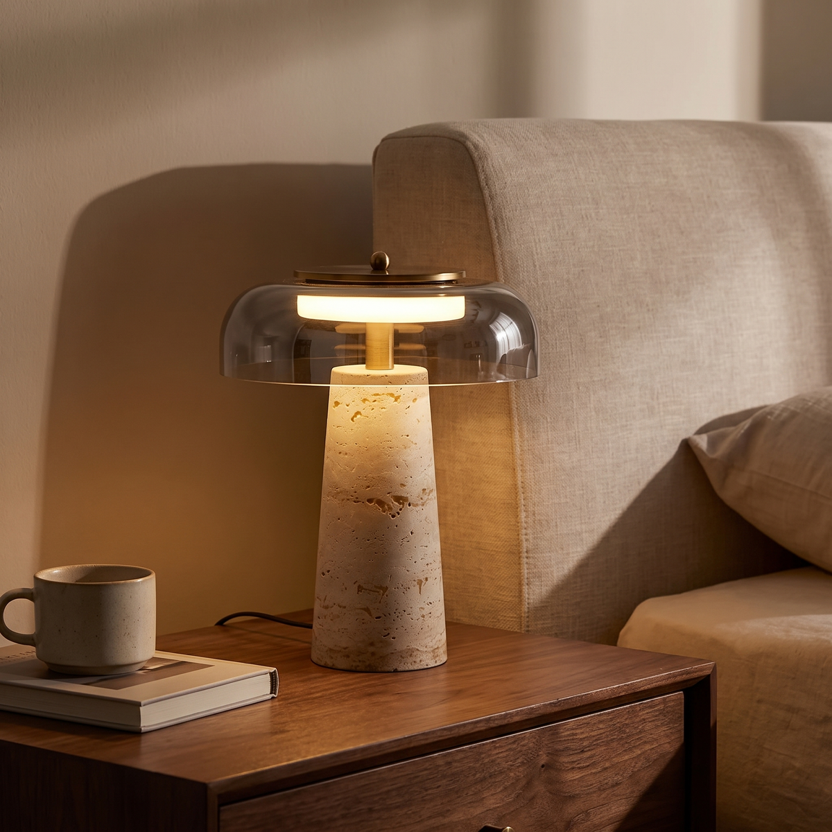 Risor lamp lit in a living room