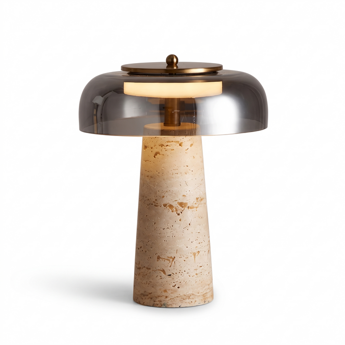 Risor travertine table lamp with smoked glass dome