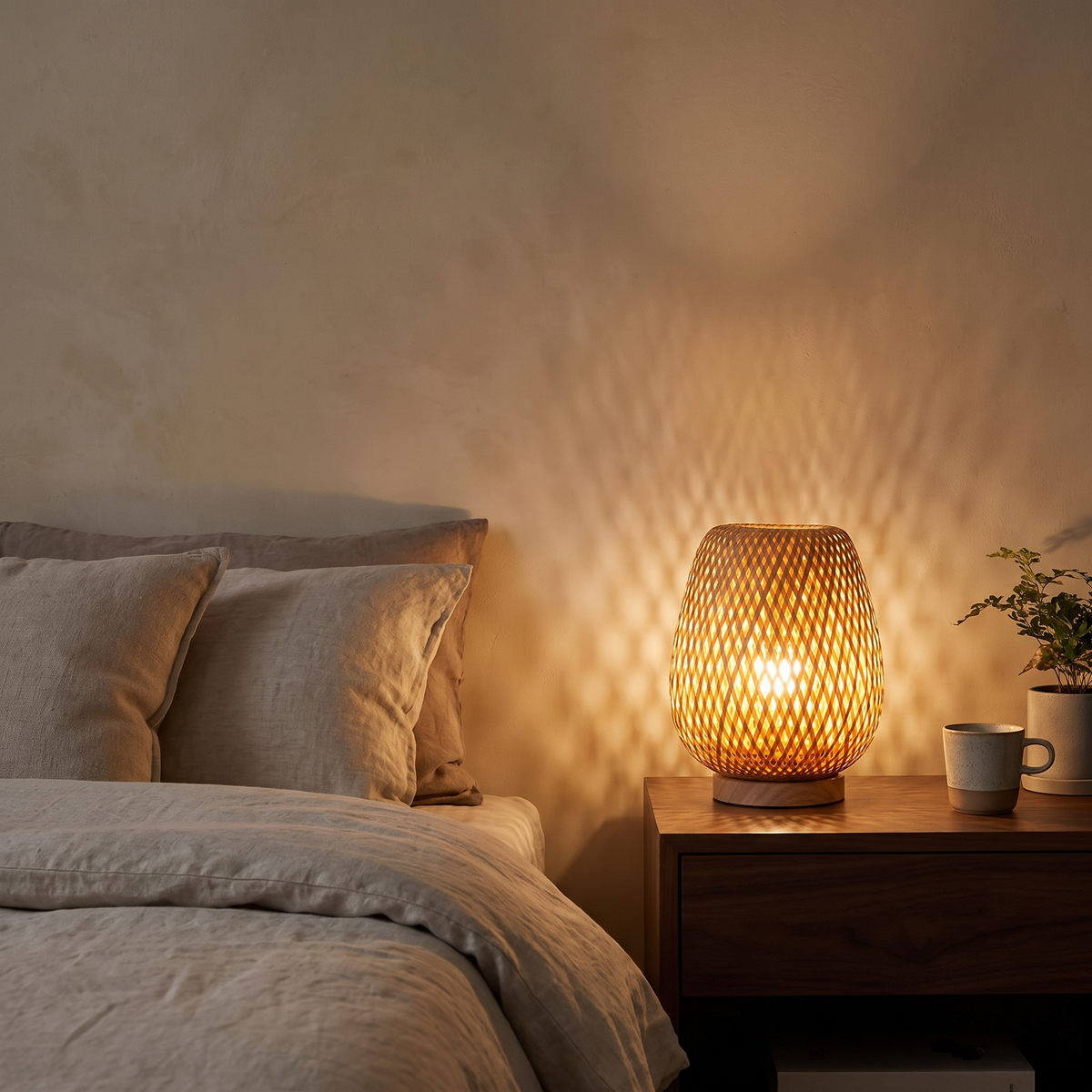 Hobro bamboo lamp lit on a bedside table