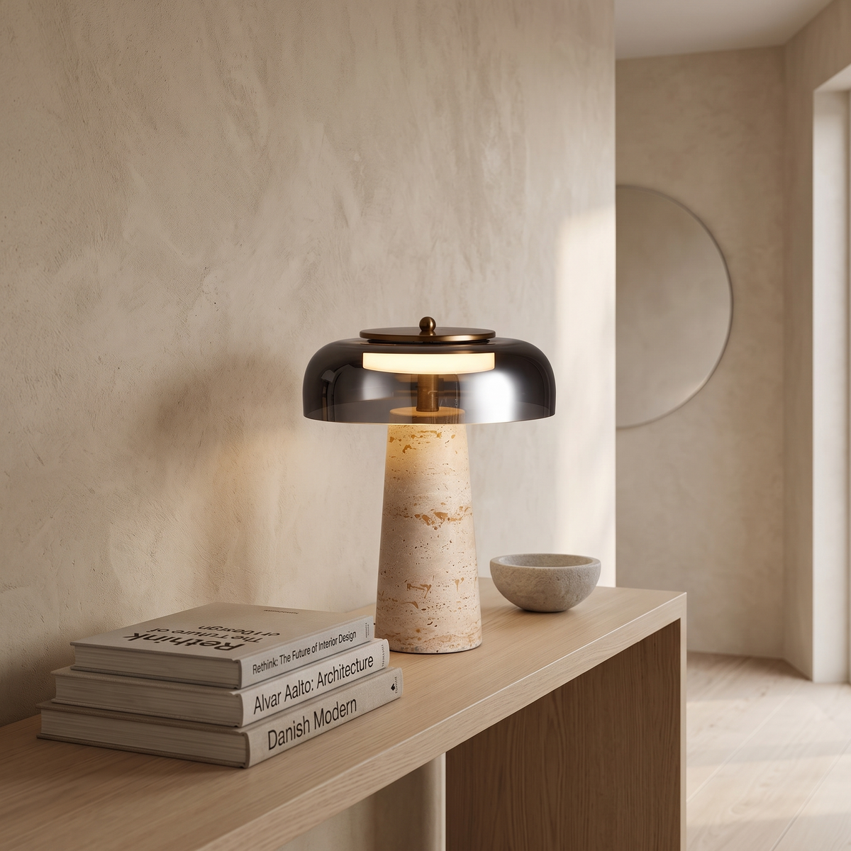 Risor travertine lamp on a sideboard