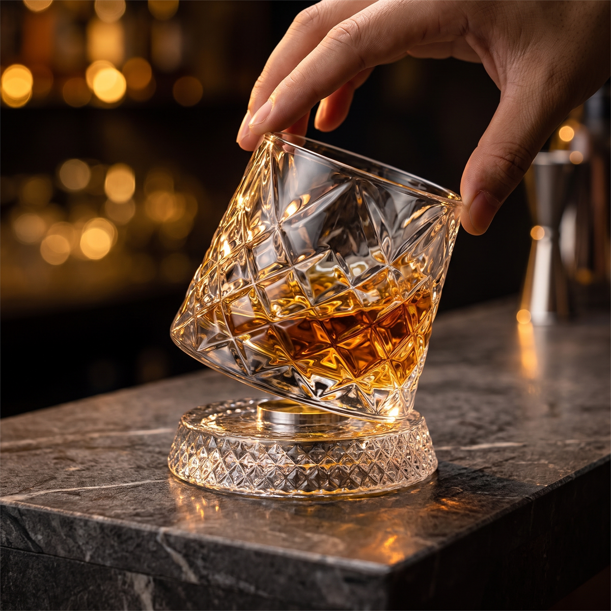 Swirling whisky in a Randers rotating glass