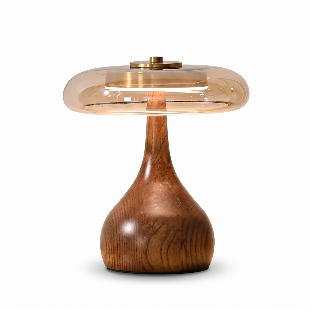 Assens walnut tone table lamp with glass disc shade