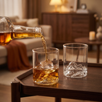 Voss whisky glasses on a bar cart