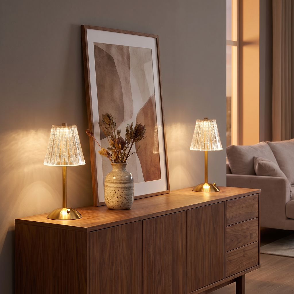 Kragero lamp glowing on a bedside table
