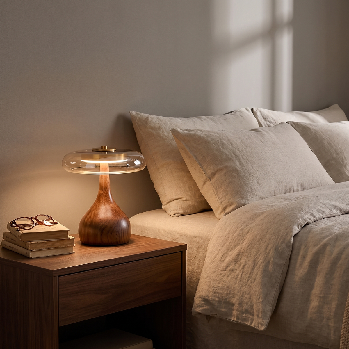 Assens lamp lit on a side table