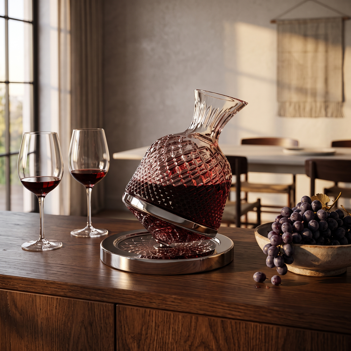 Thisted decanter with red wine on a dining sideboard