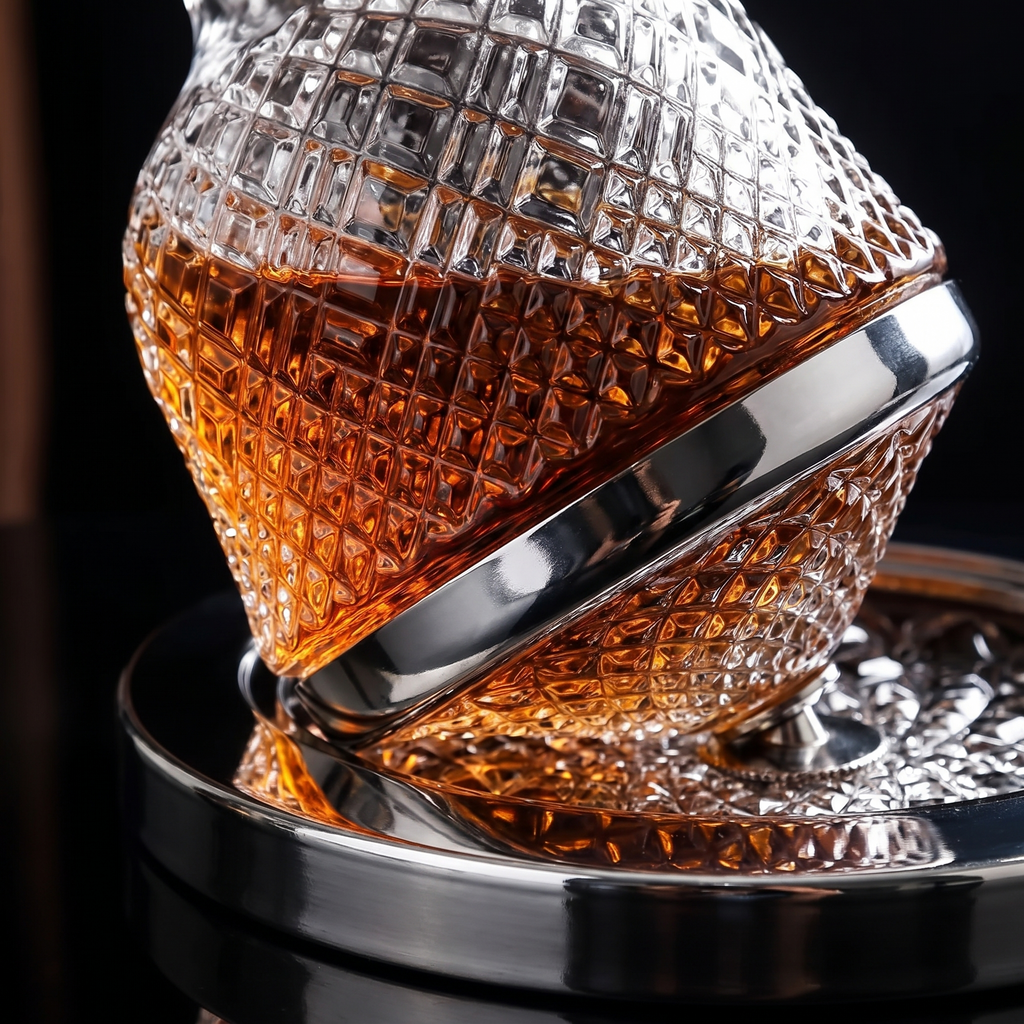Close up of the crystal cut decanter on the steel ring