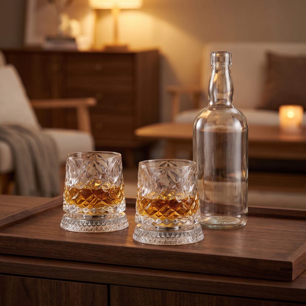 Randers glasses beside a whisky bottle