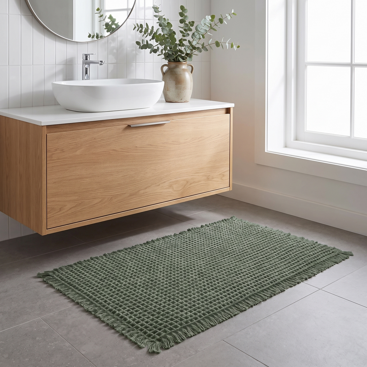 Sage Bogense mat in front of a vanity unit