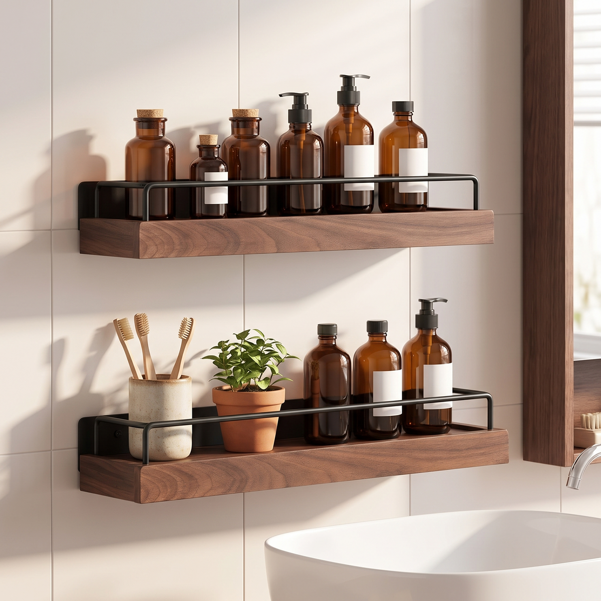 Two Holbaek shelves above a basin with bottles