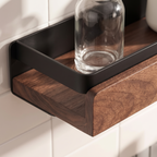 Close up of the wood shelf in its black metal frame