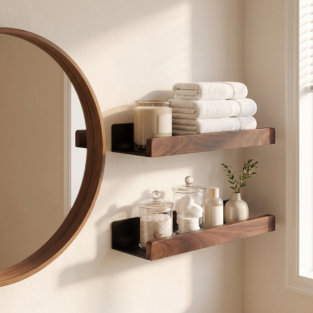 Holbaek shelves beside a round mirror