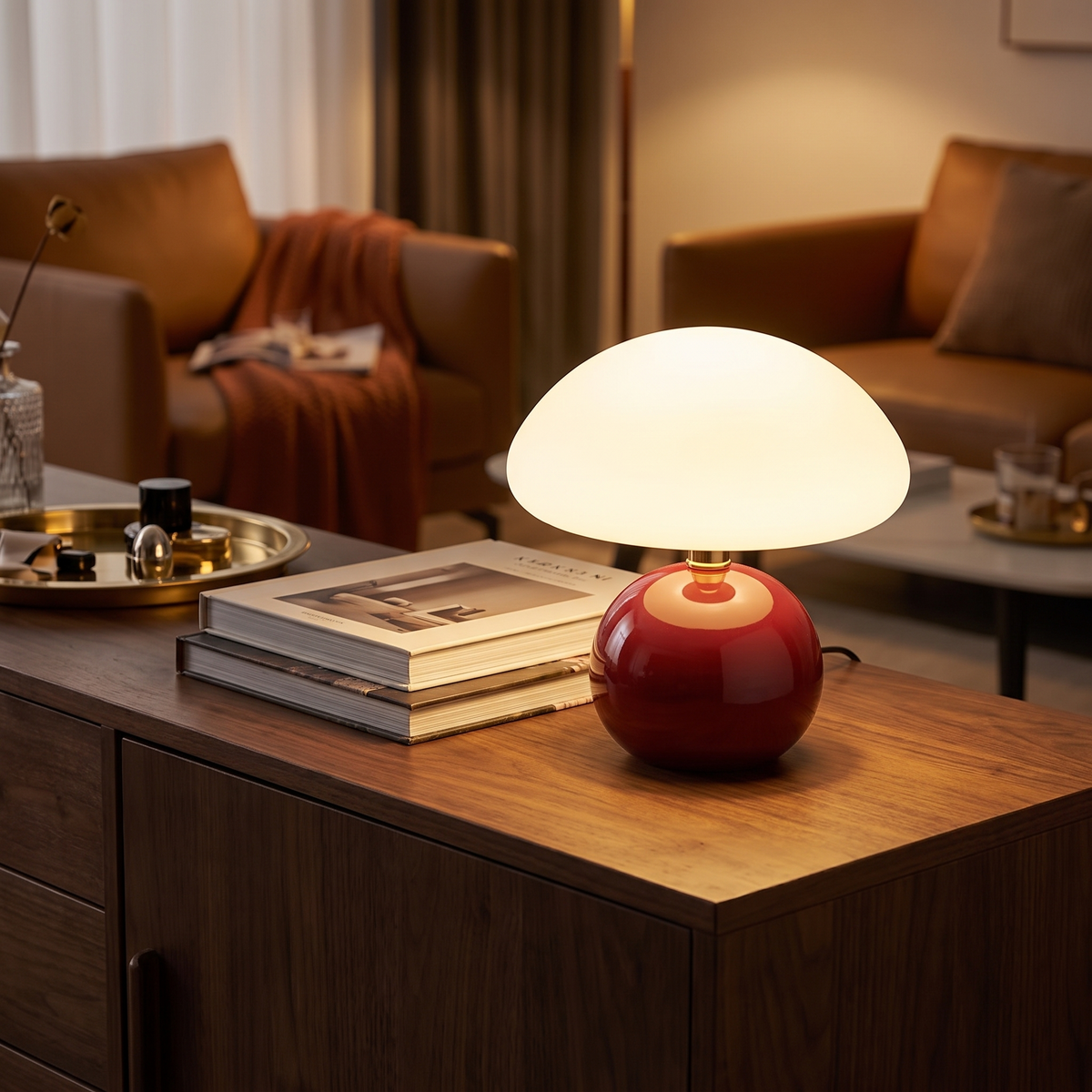 Wine red Faaborg lamp on a sideboard in the evening