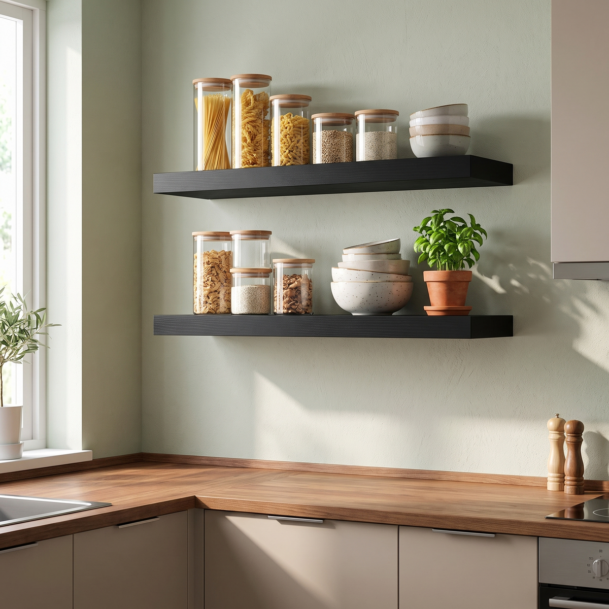 Black Egersund shelves in a kitchen