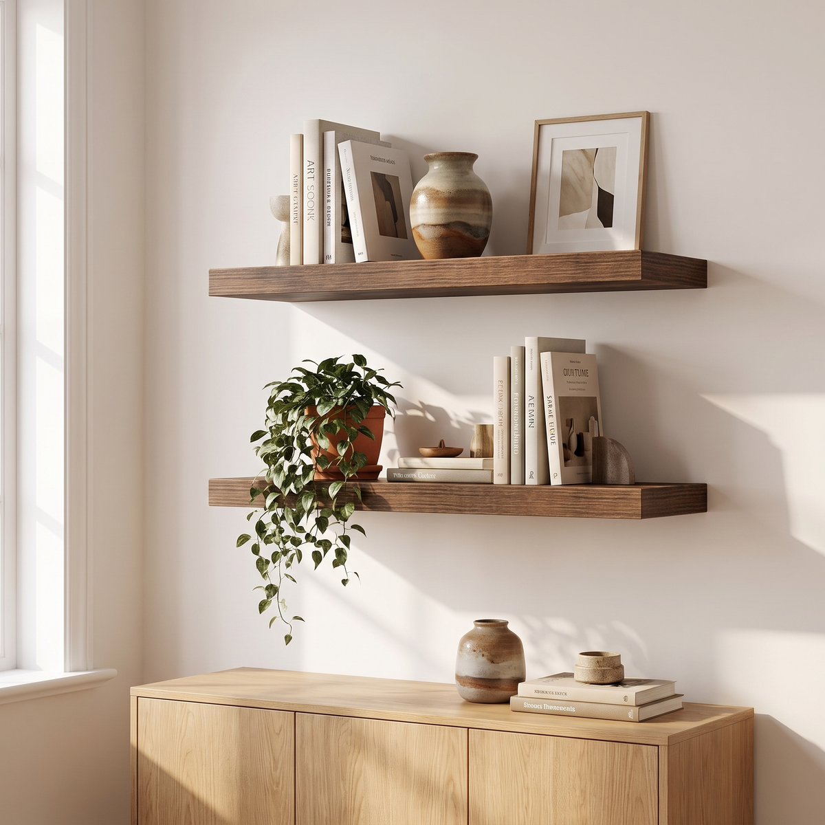 Walnut tone Egersund shelves in a living room
