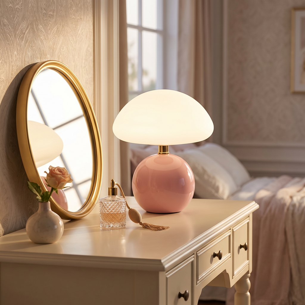 Blush pink Faaborg lamp on a dressing table