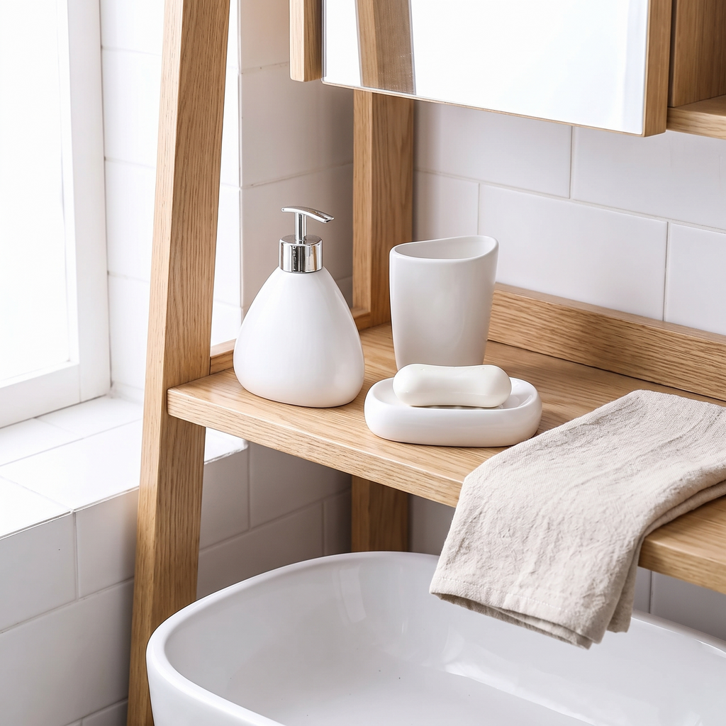 Maribo soap dispenser and tumbler on a bathroom shelf