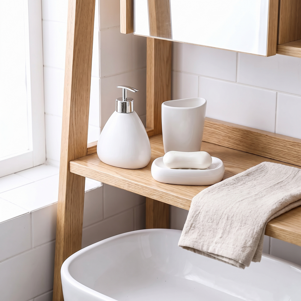 Maribo soap dispenser and tumbler on a bathroom shelf
