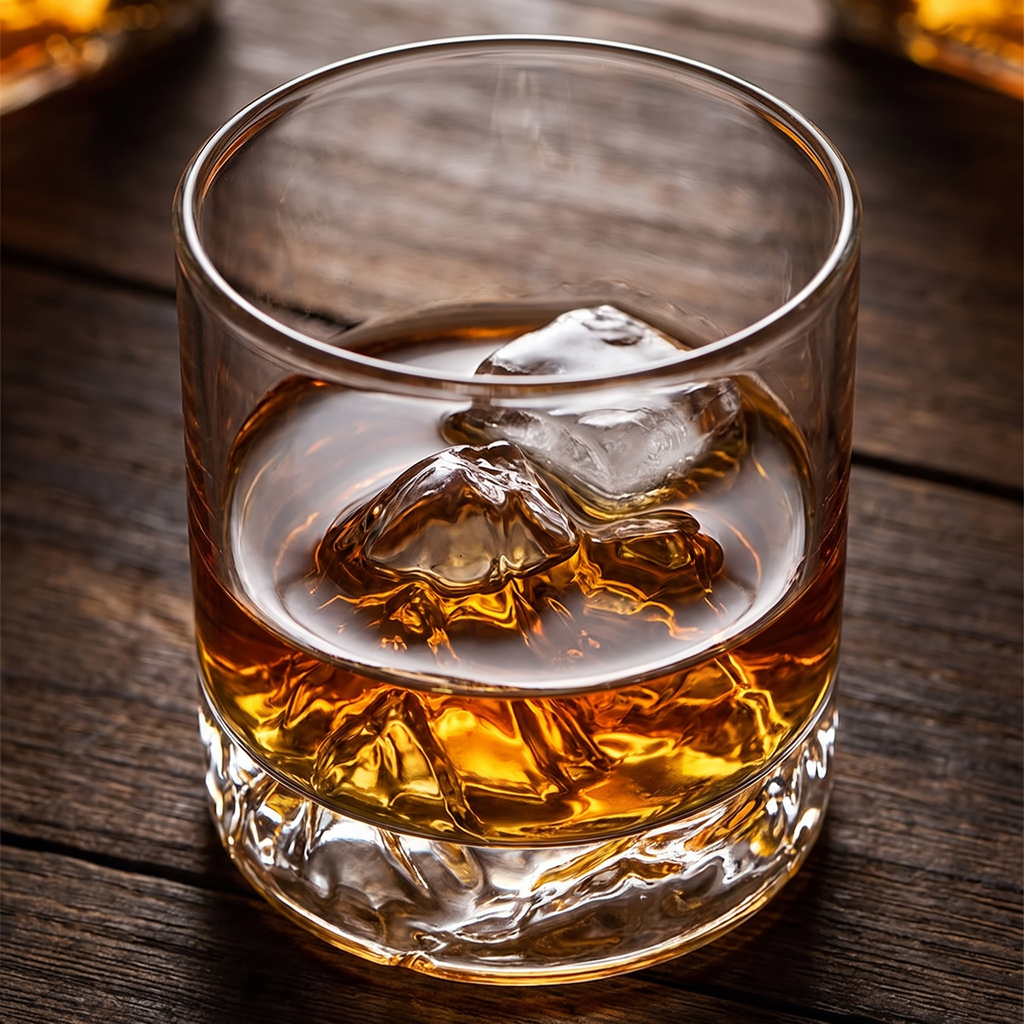 Close up of the mountain sculpted base under whisky