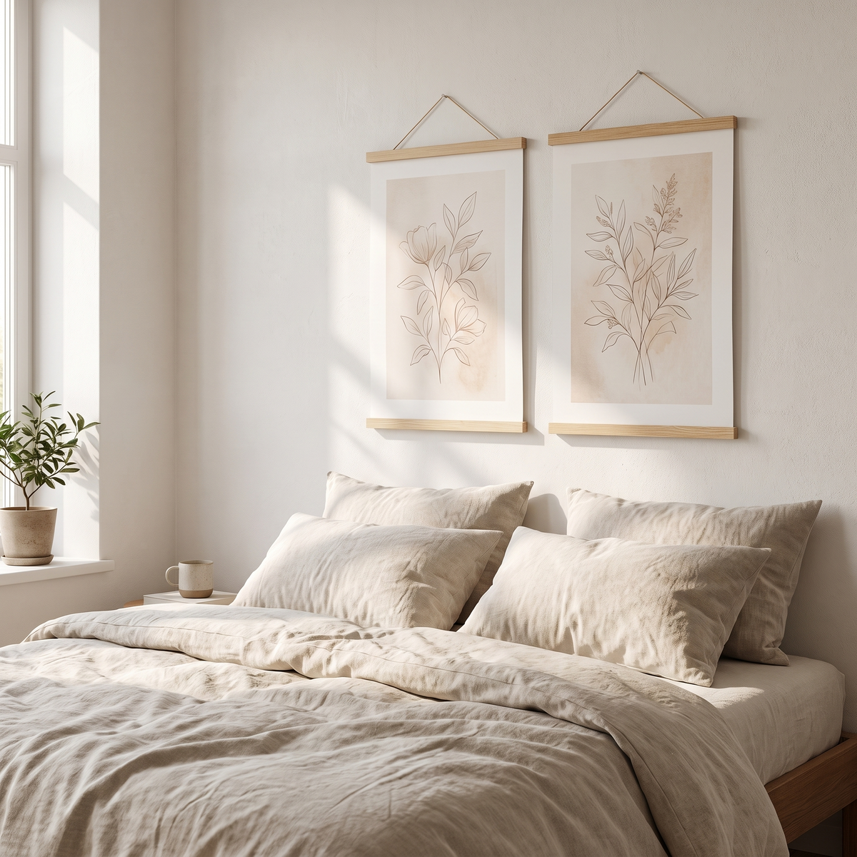 Two pine Tisvilde poster hangers above a bed