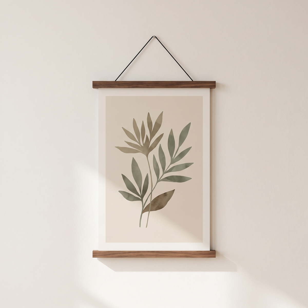 Tisvilde magnetic poster hanger in walnut tone holding a botanical print
