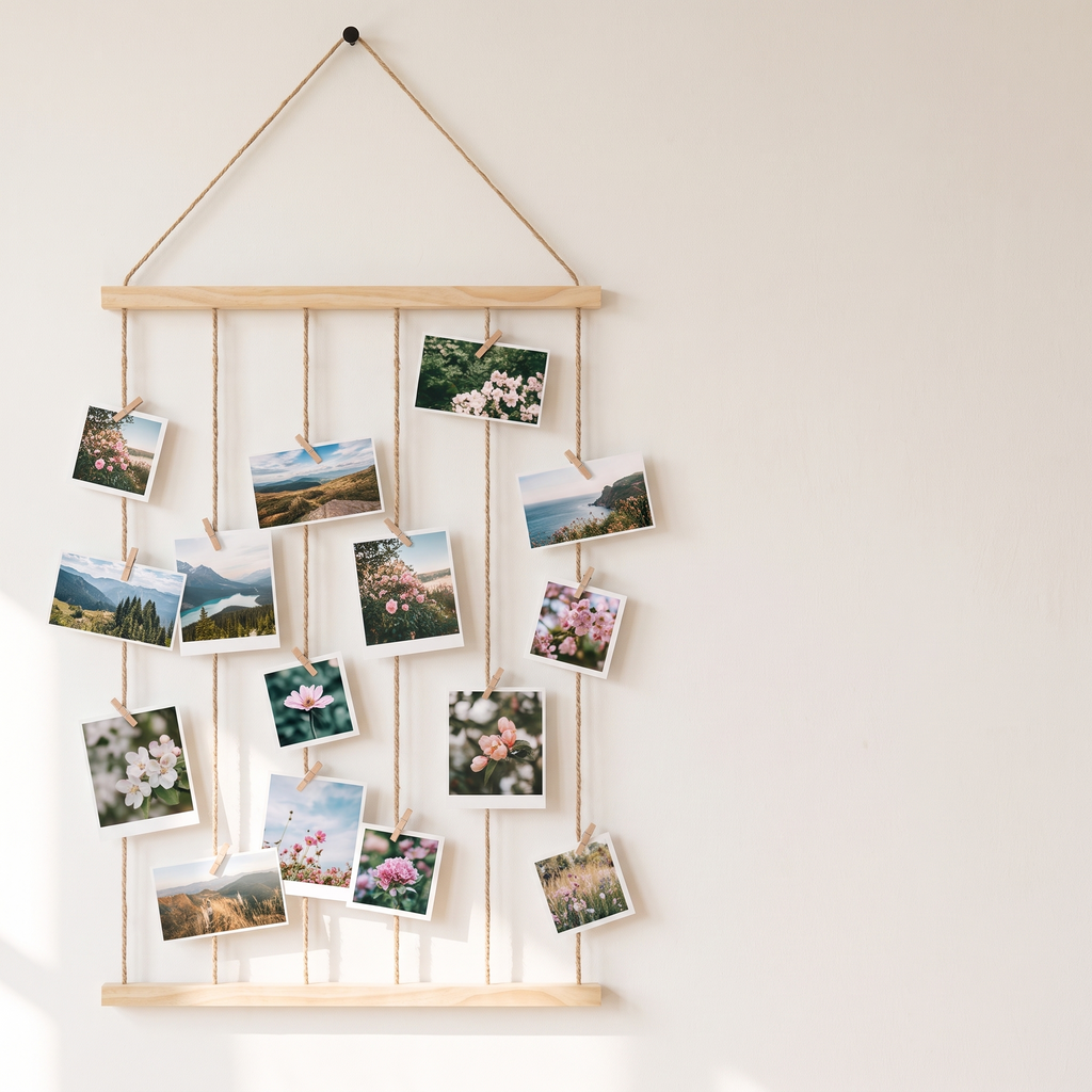 Lokken hanging photo display with wooden pegs
