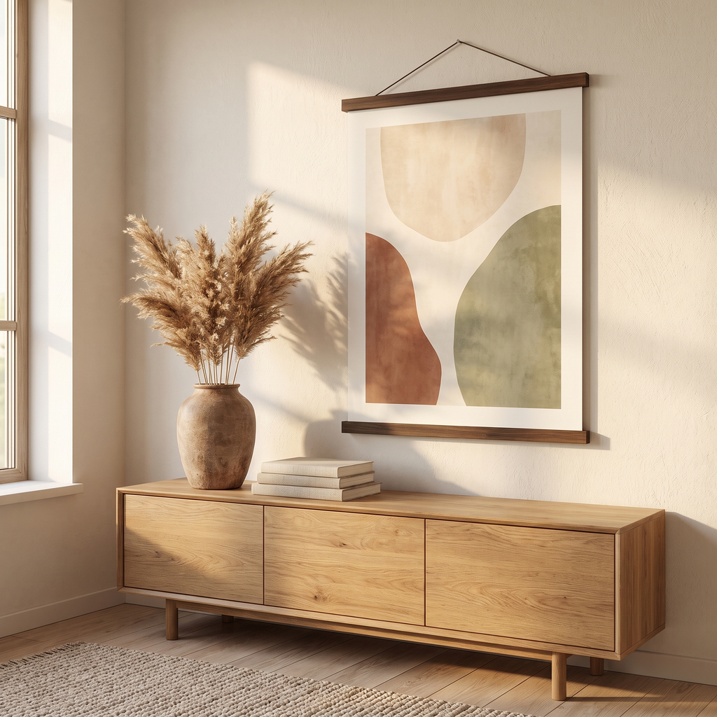 Walnut tone Tisvilde poster hanger above an oak sideboard