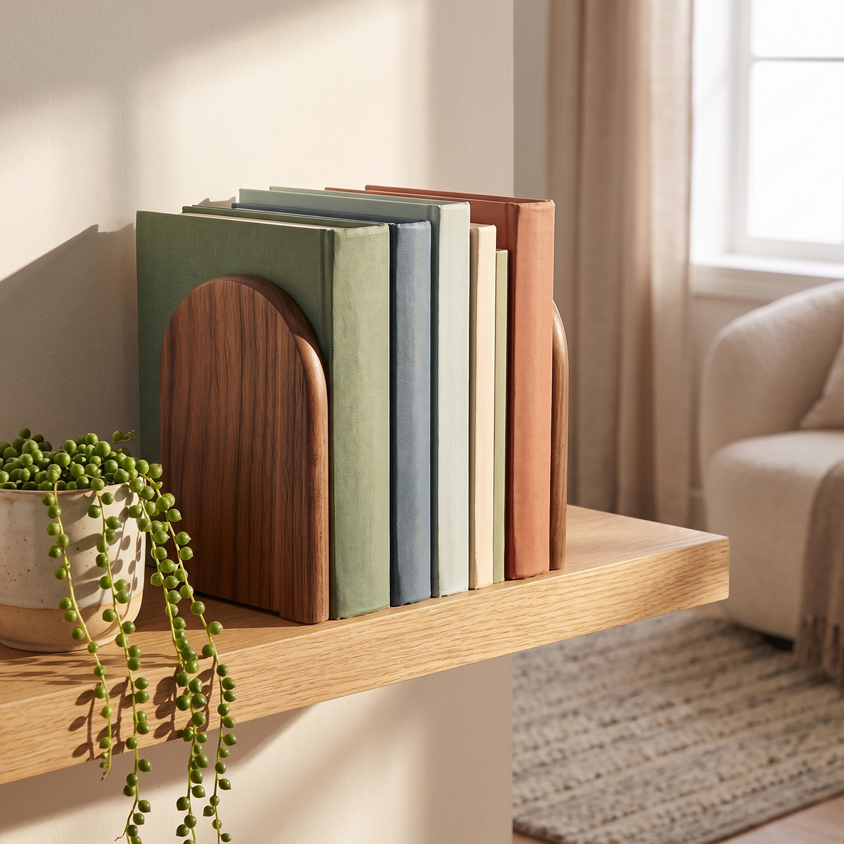 Mariager bookends holding books on a shelf