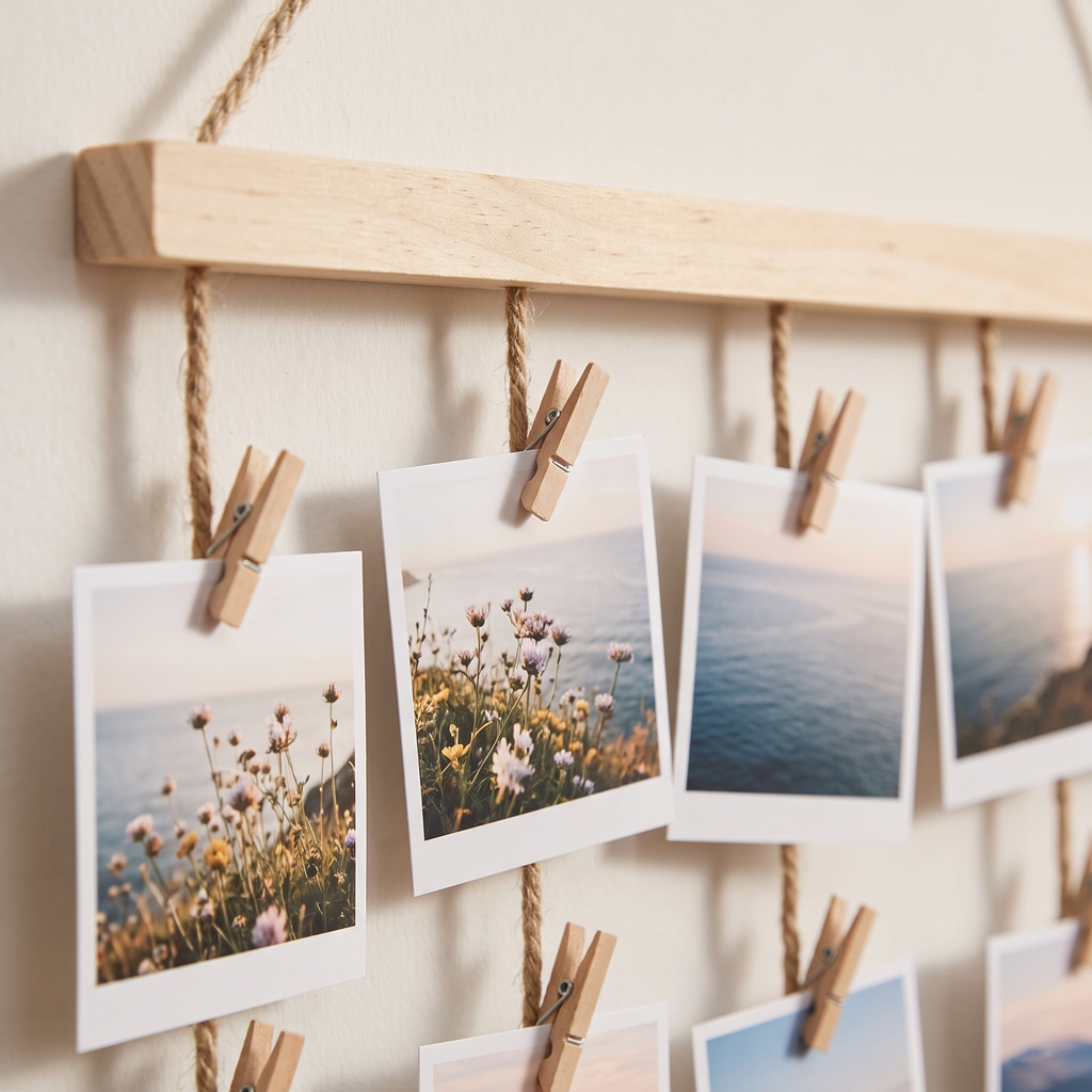 Close up of wooden pegs holding photos on the Lokken