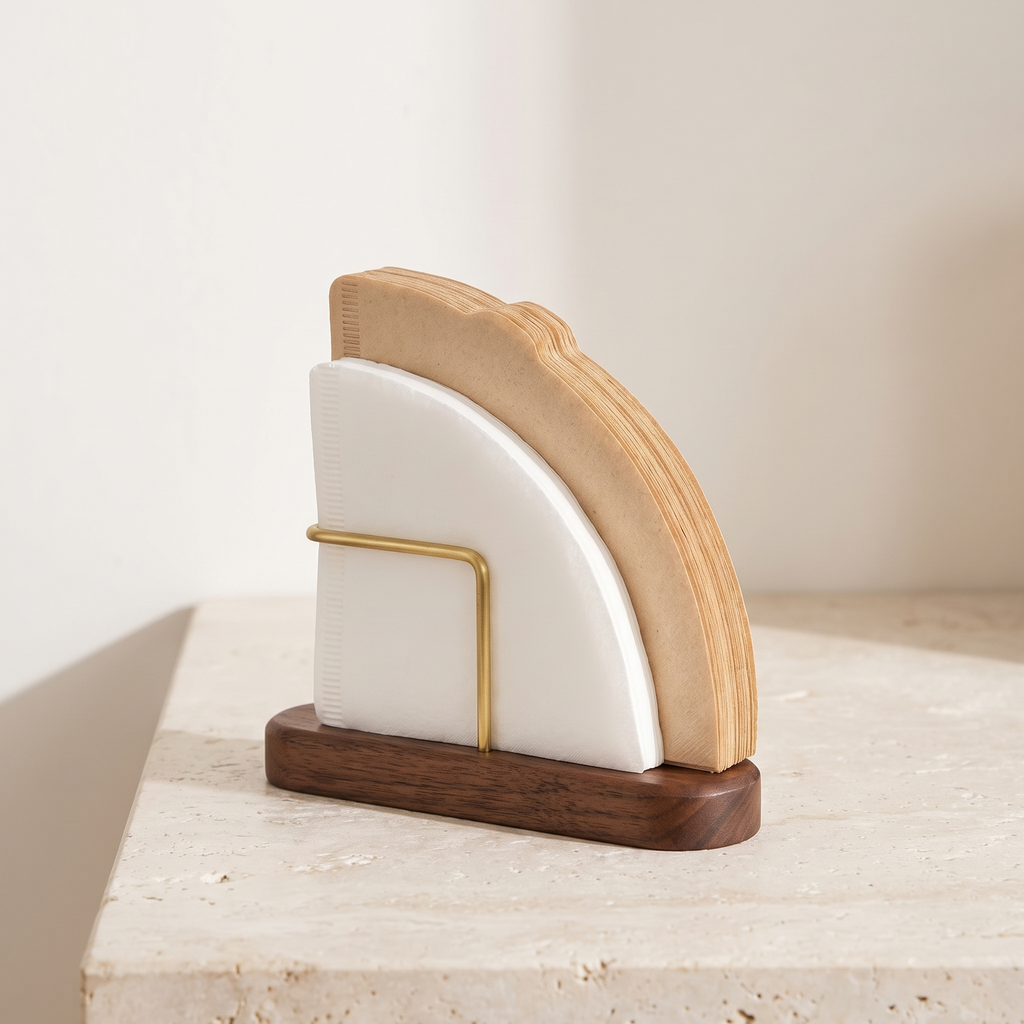 Odder coffee filter holder with walnut base and brass tone rack
