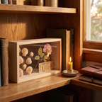 Kerteminde shadow box with keepsakes on a bookshelf