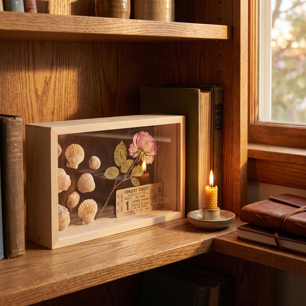 Kerteminde shadow box with keepsakes on a bookshelf