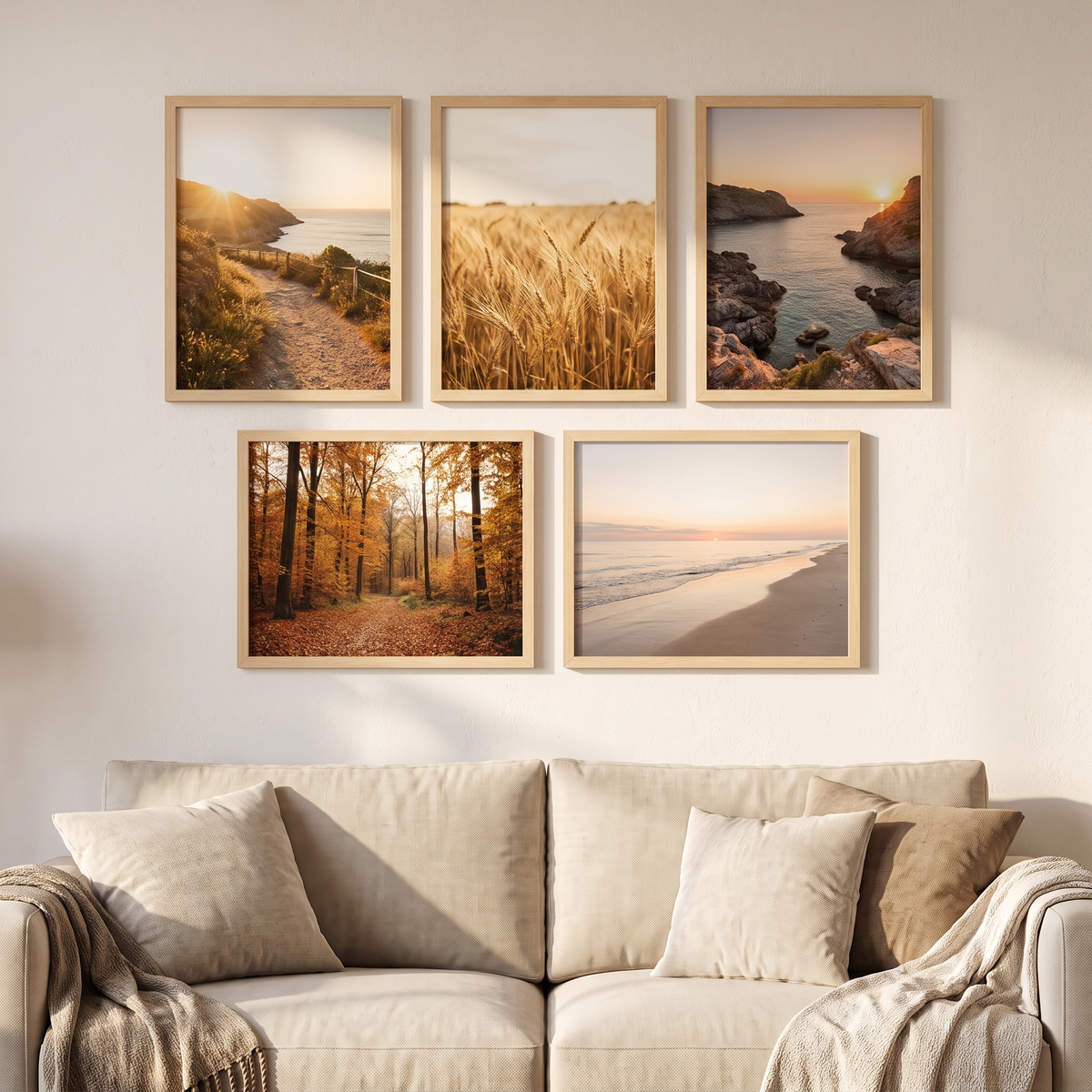 Five Hornbaek frames as a gallery wall above a sofa