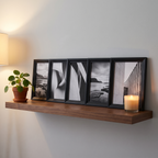 Black Hornbaek frames along a walnut shelf