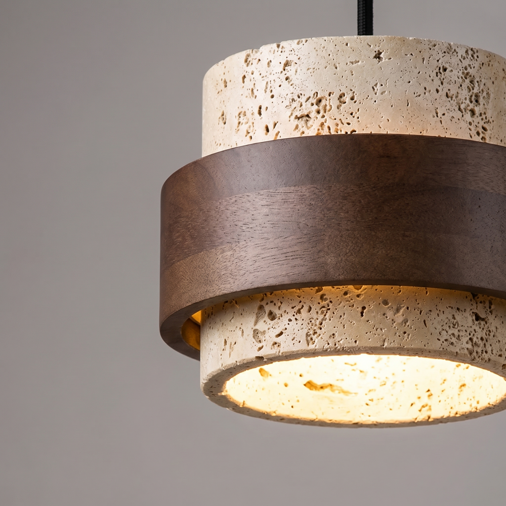 Close up of the stone texture and walnut tone band of the Svaneke