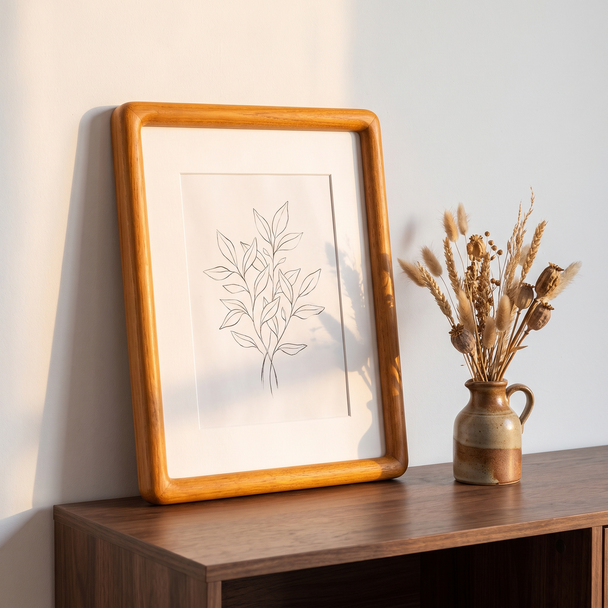 Ebeltoft frame in teak leaning on a walnut console