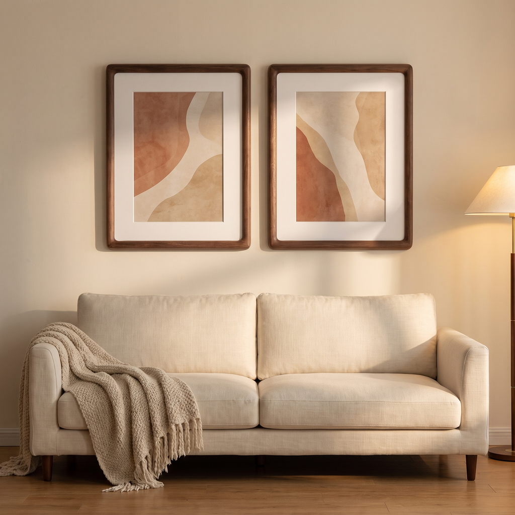 Two walnut Ebeltoft frames above a cream sofa