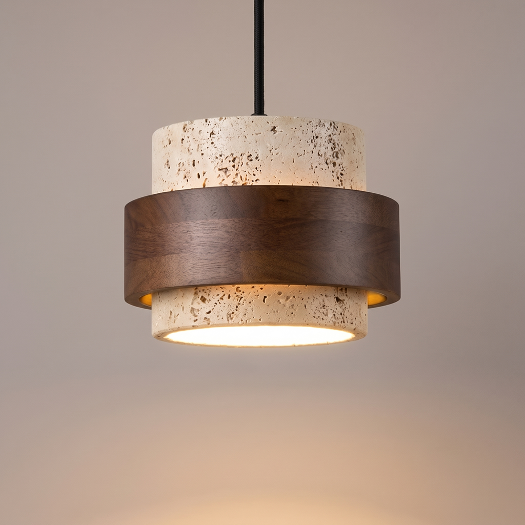 Svaneke stone and walnut tone pendant light, lit