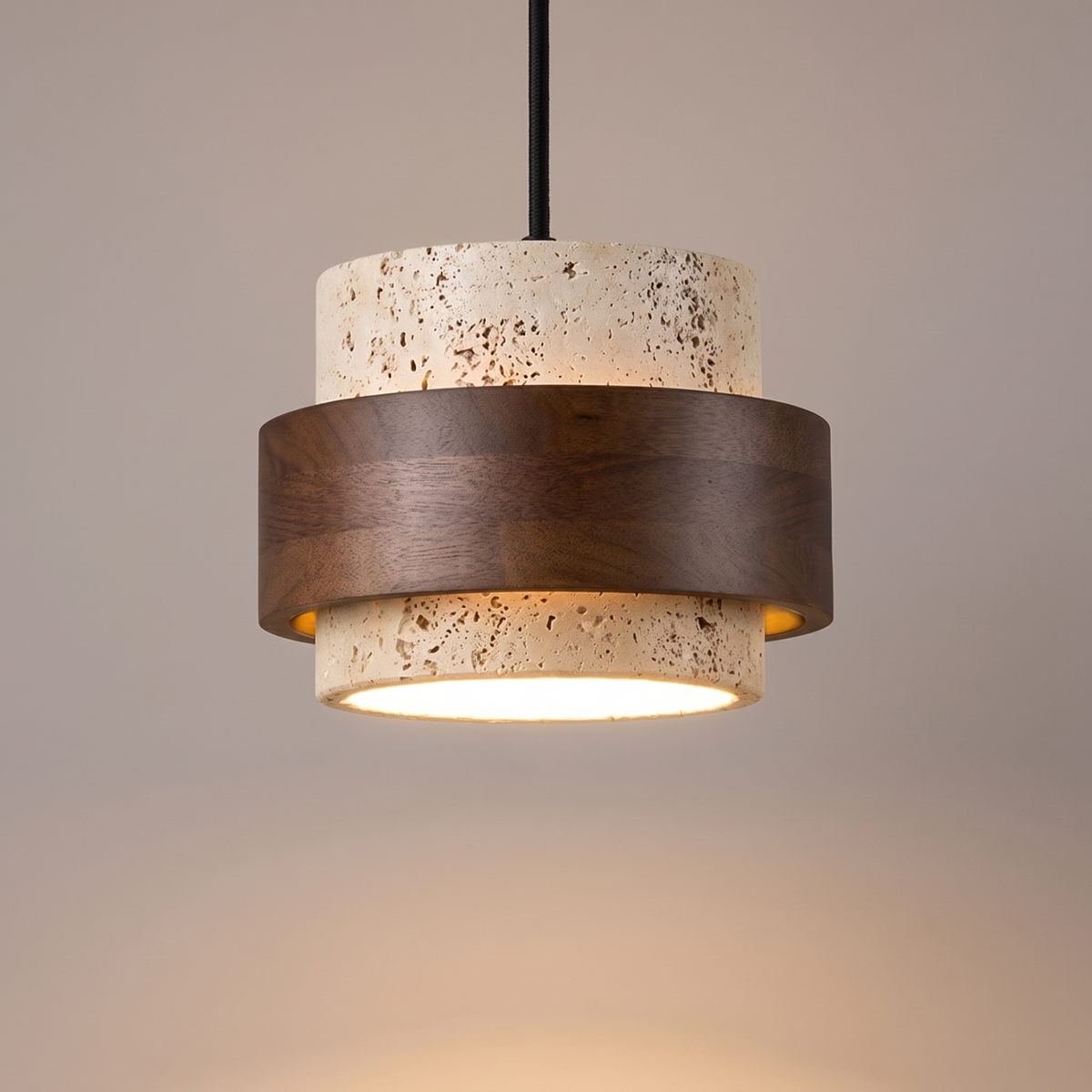 Svaneke stone and walnut tone pendant light, lit