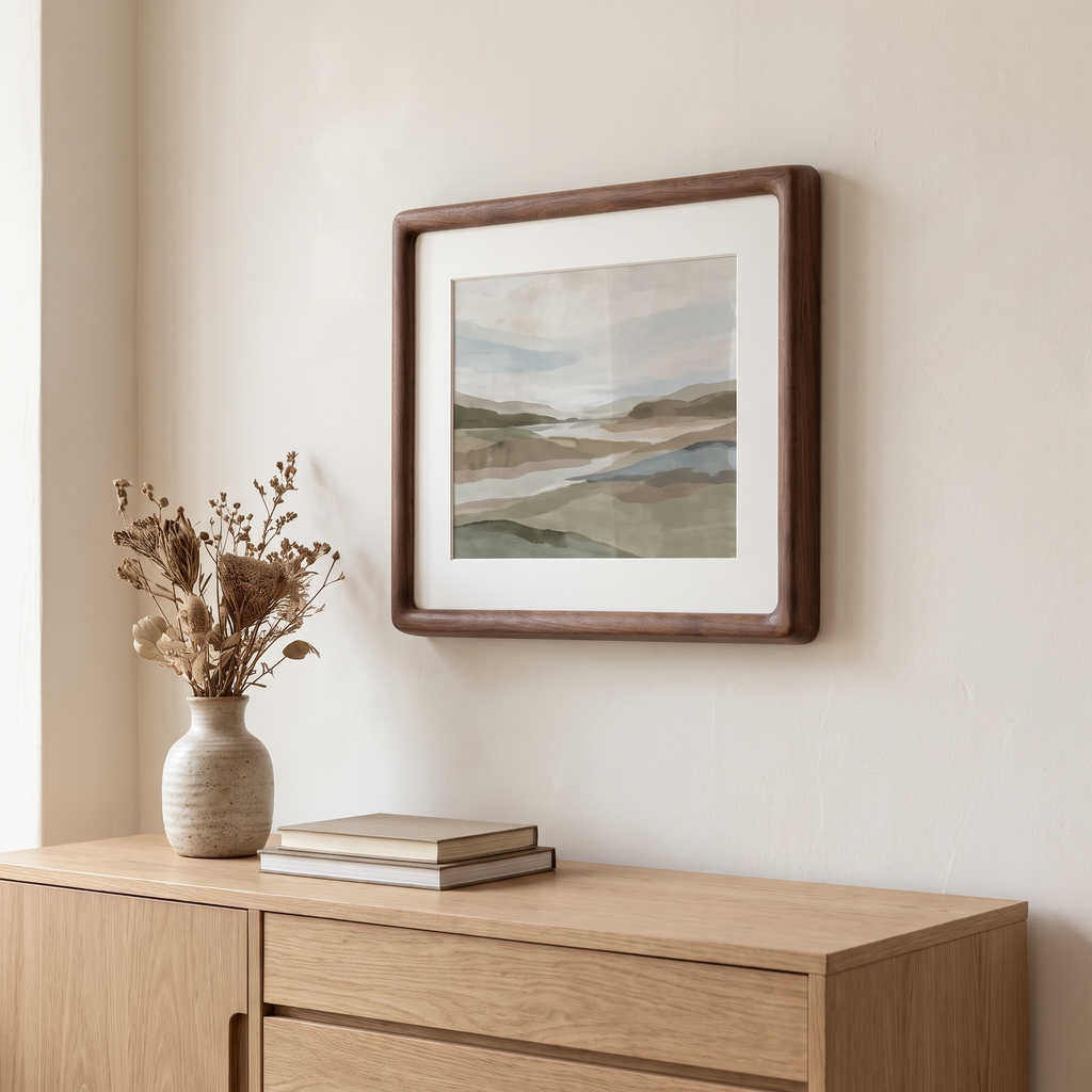 Ebeltoft large solid wood frame in walnut with white mount above an oak sideboard