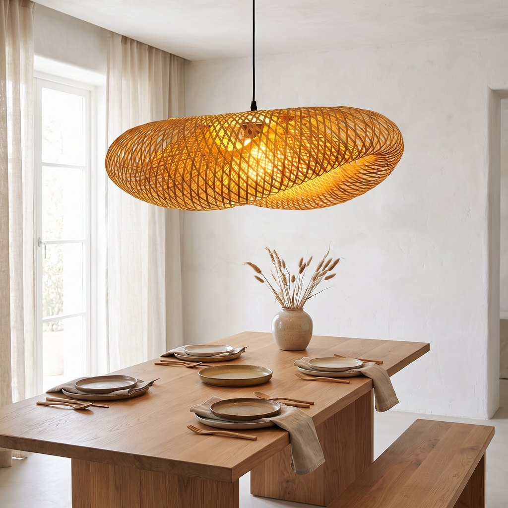 Bogense woven bamboo wave pendant over a dining table