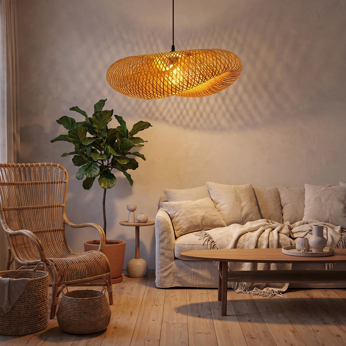 Bogense bamboo pendant in a living room at dusk