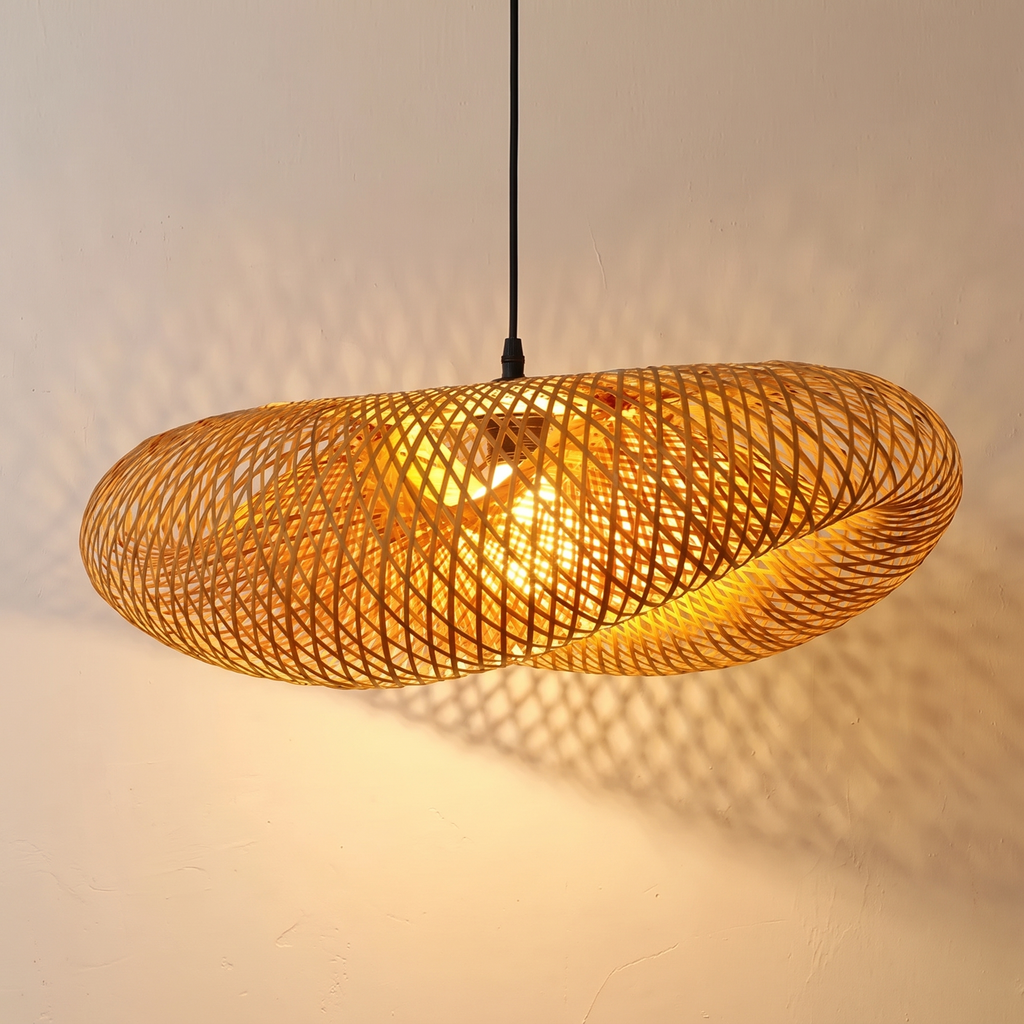 Bogense bamboo pendant casting lattice shadows on a wall