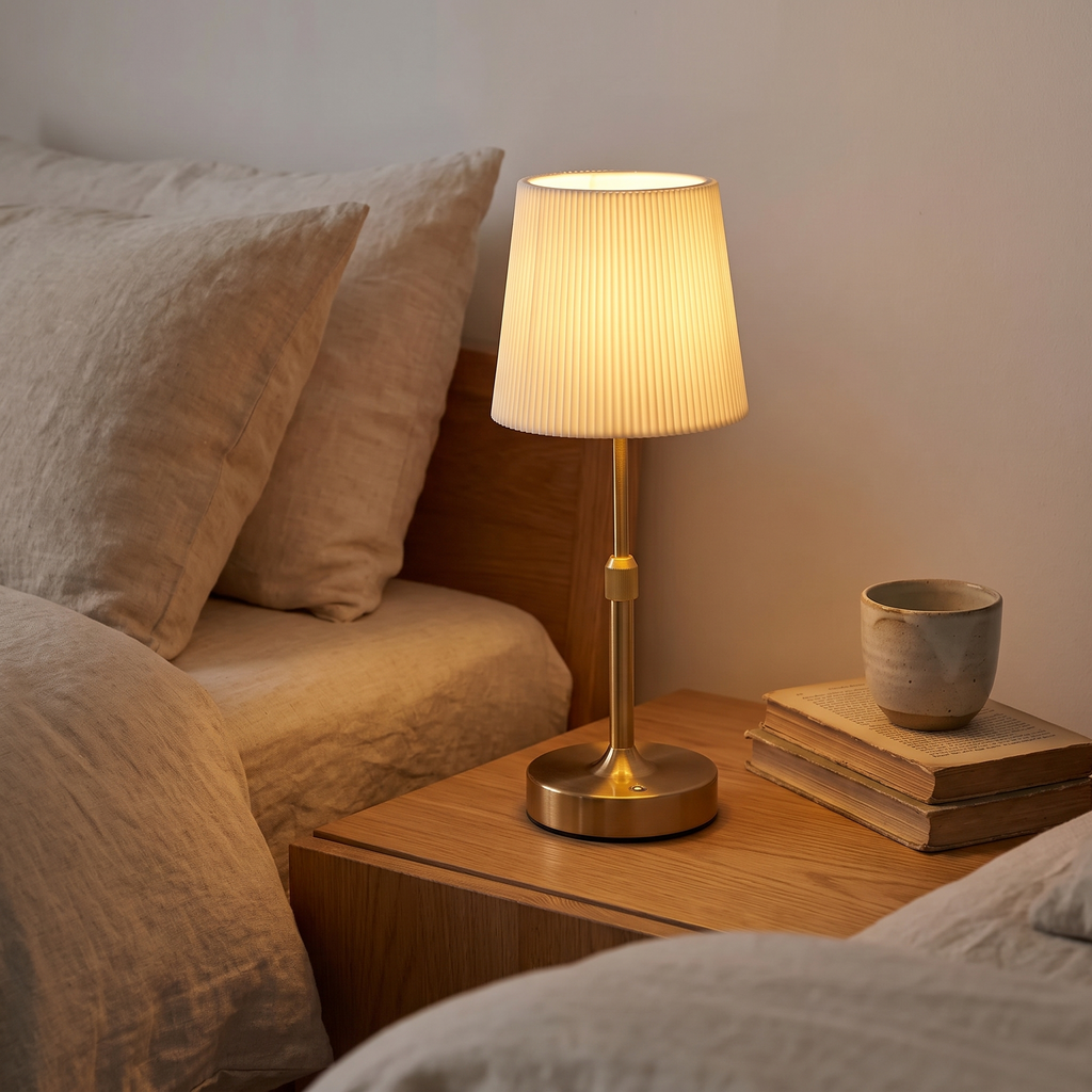 Tallberg lamp glowing on an oak bedside table